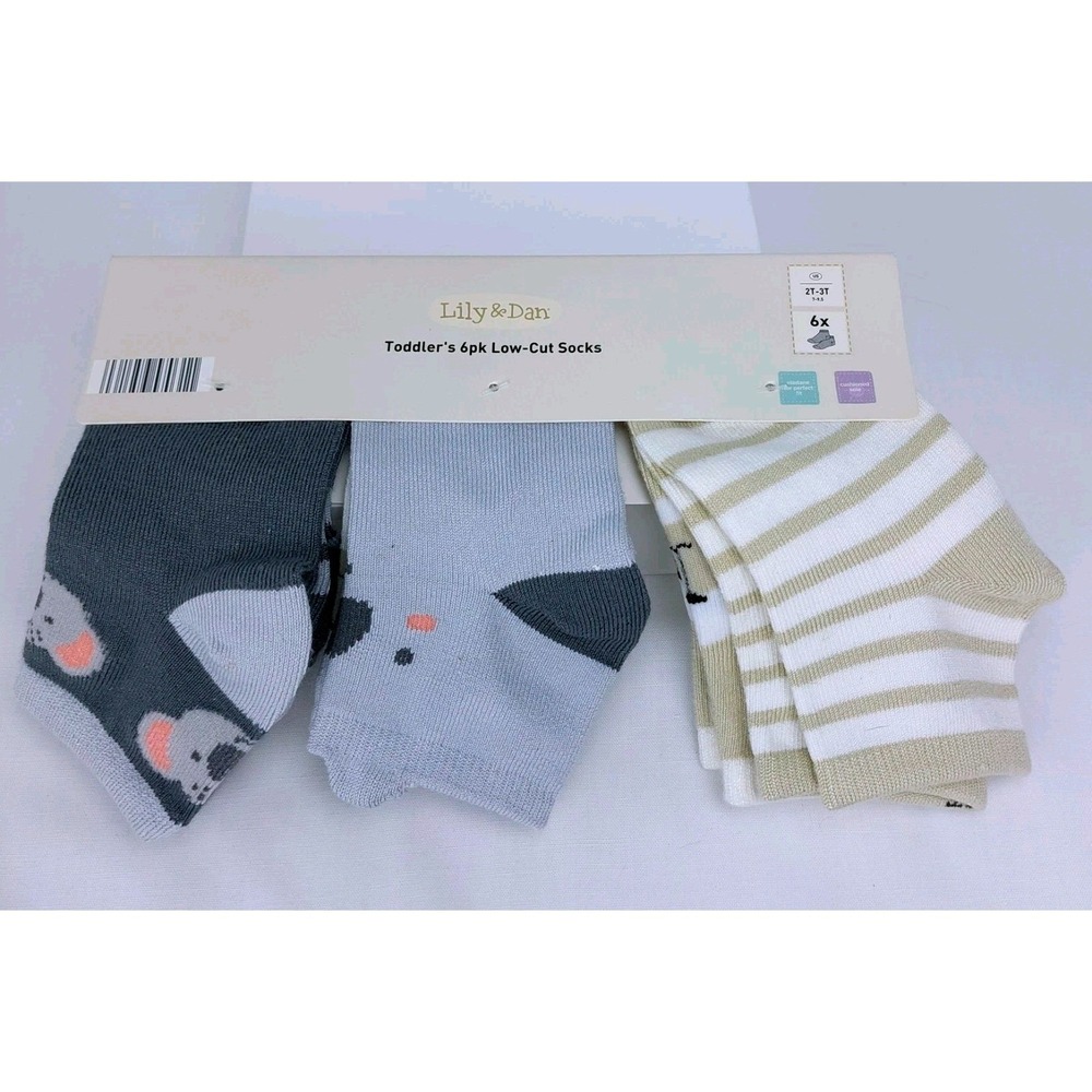 New 6 Pack Lily & Dan Toddler‎ Crew Socks 2T/3T Low Cut Koala/Bear/Striped